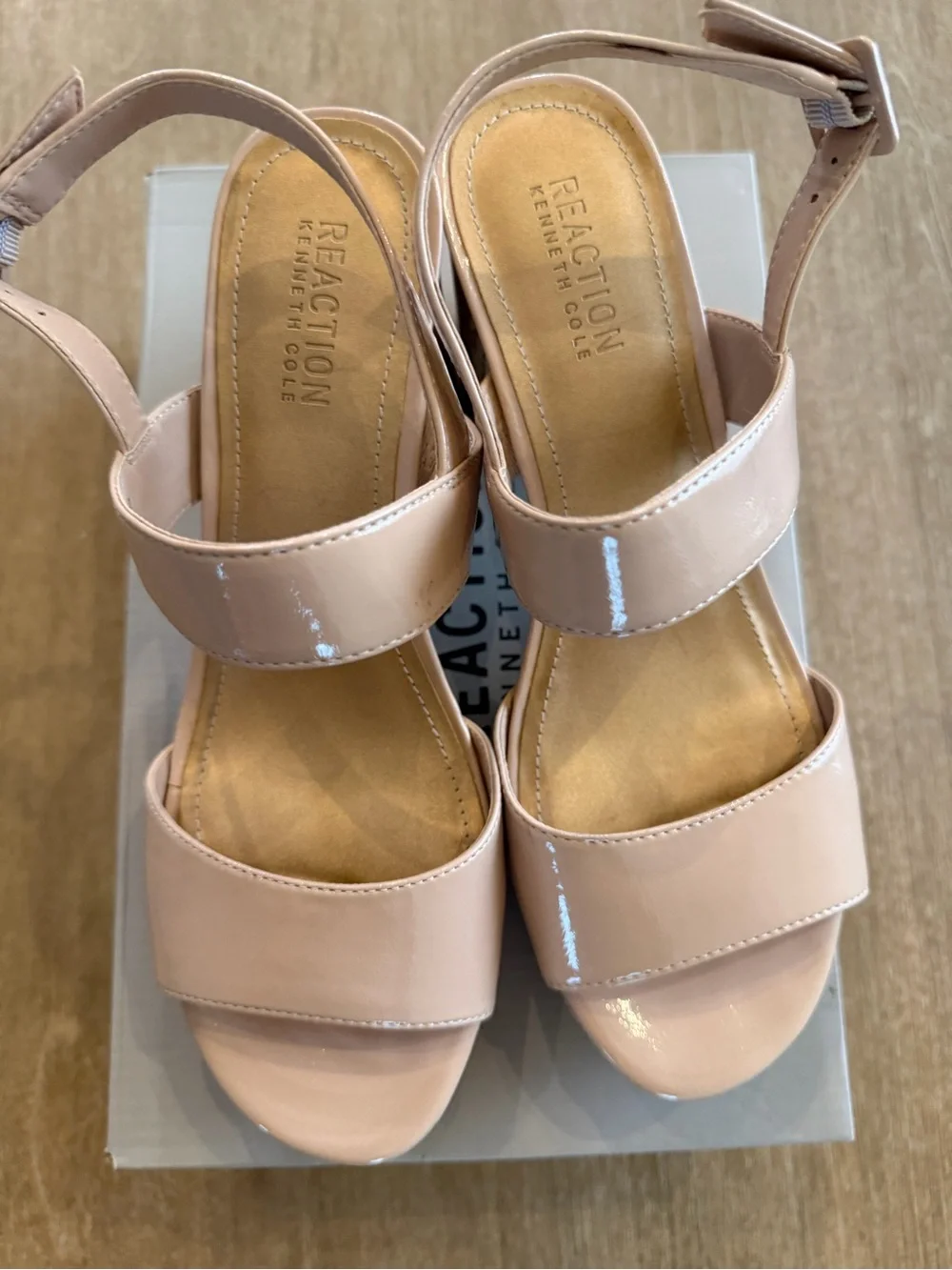 Kenneth Cole Reaction Reebeka Nude Patent Cork Block Heel Sandals Women’s Size 8